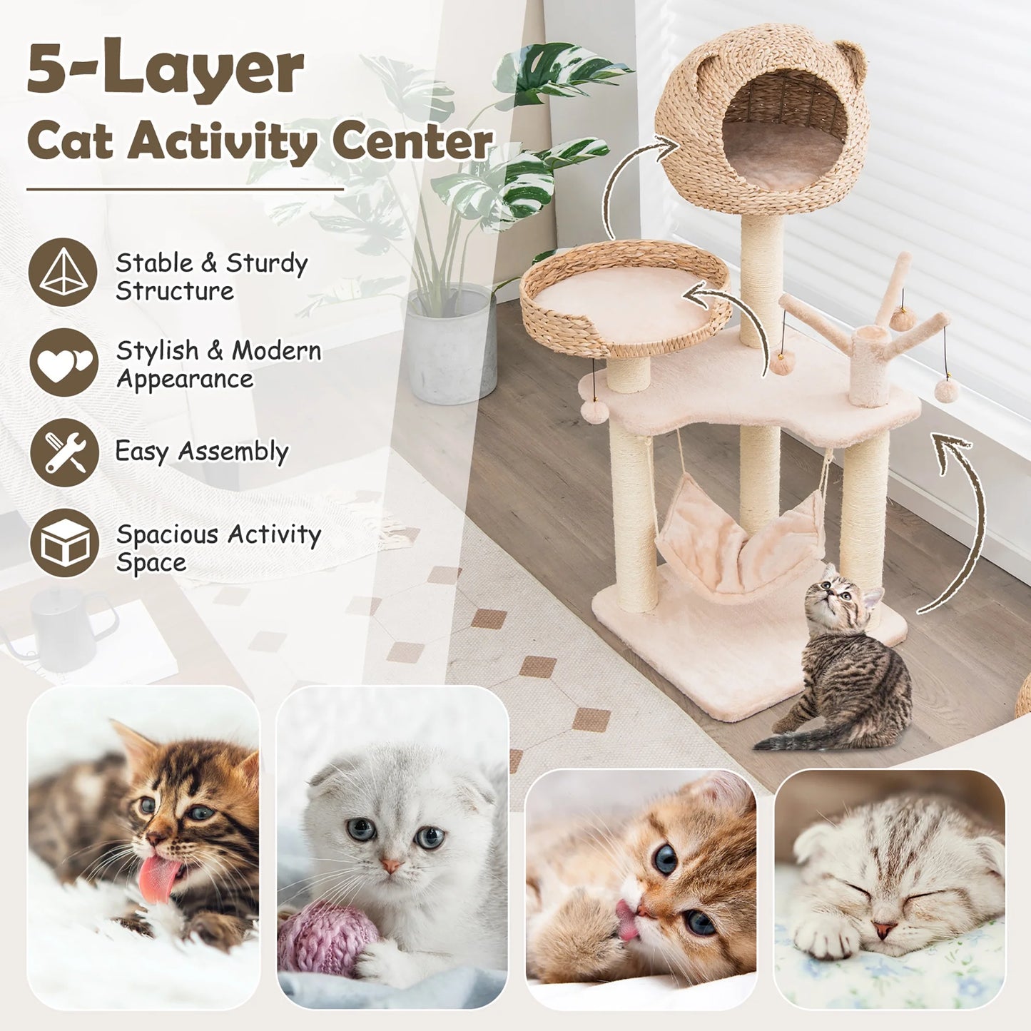 48'' Tall Cat Tree Tower Multi-Level Play Activity Center Withcondo Hammock Cushion