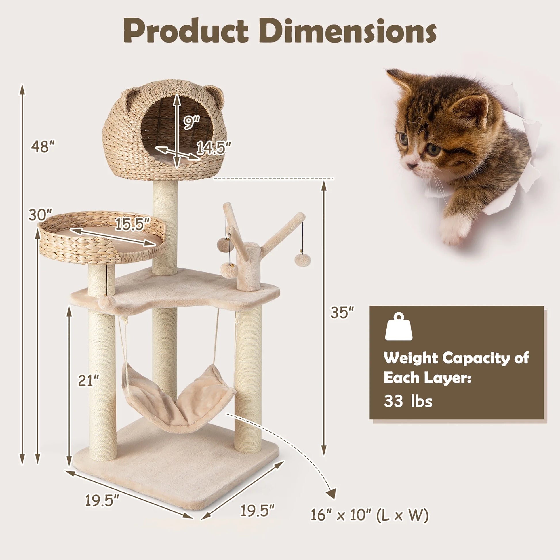48'' Tall Cat Tree Tower Multi-Level Play Activity Center Withcondo Hammock Cushion