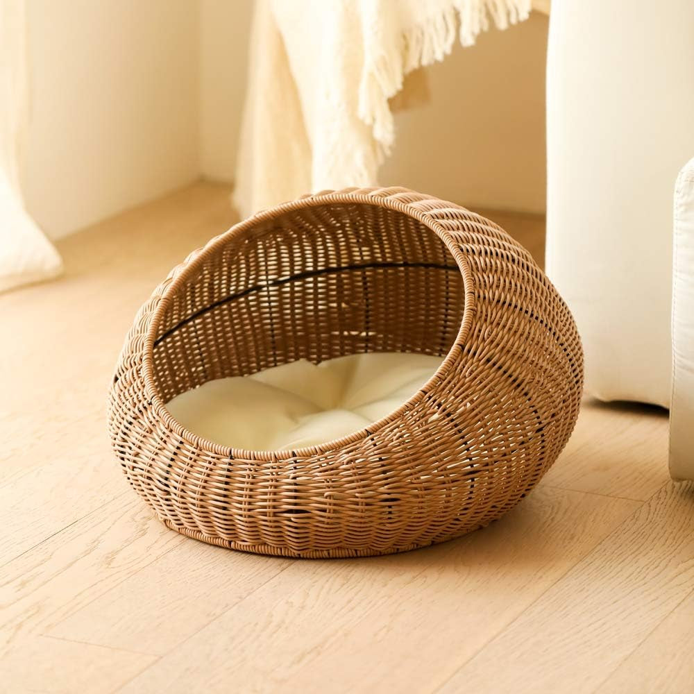 Hand Made Rattan round Bed with Soft Cushion for Cats or Small Dogs, Wicker Basket Pet House